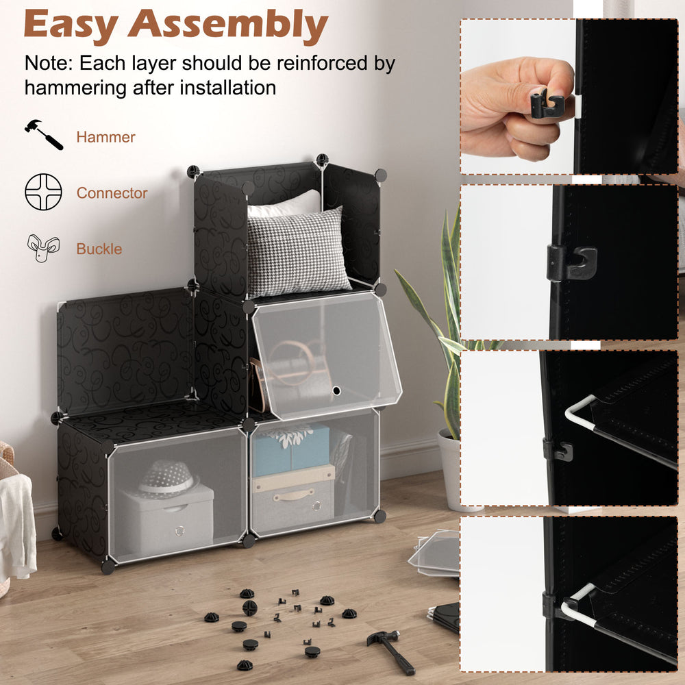 12-cube portable shoe shelf in black with connectors and hammer for easy assembly, ideal for organizing 48 pairs of.