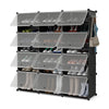 12-cube portable shoe shelf in black, storing 48 pairs with doors and hooks, ideal for entryway or bedroom organization.