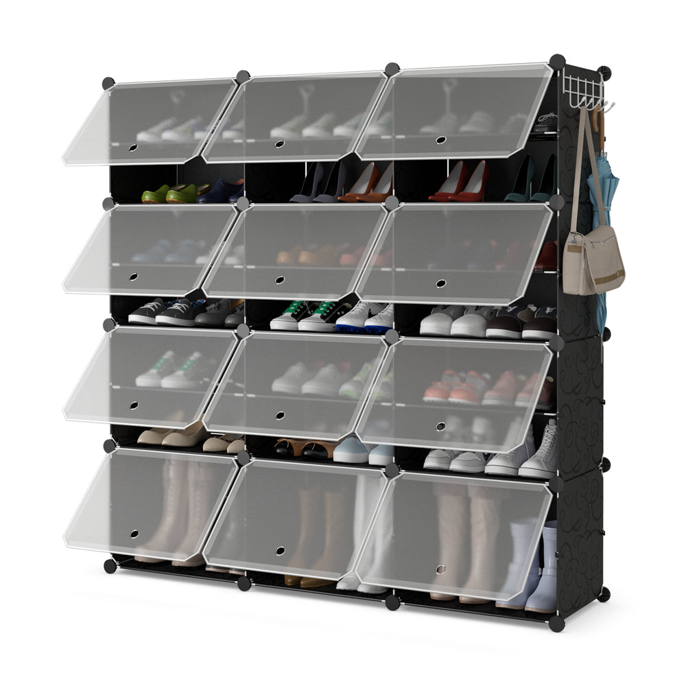 12-cube portable shoe shelf in black, storing 48 pairs with doors and hooks, ideal for entryway or bedroom organization.