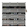 12-cube portable shoe shelves in black, storing 48 pairs of shoes with doors to prevent dust, ideal for entryway.