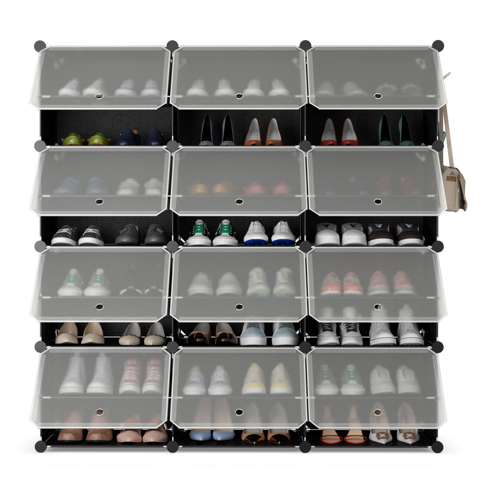 12-cube portable shoe shelves in black, storing 48 pairs of shoes with doors to prevent dust, ideal for entryway.