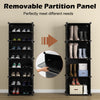 12-cube portable shoe shelves in black, featuring removable partition panels and hooks, ideal for organizing 48 pairs.