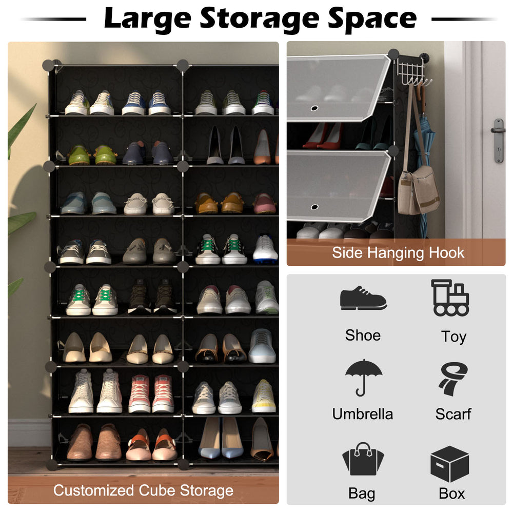 12-cube portable shoe shelves in black, storing 48 pairs of shoes with 5 hooks for bags and accessories, ideal for.