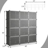 12-cube portable shoe shelf in black, storing 48 pairs with 5 hooks, ideal for entryway or bedroom organization.