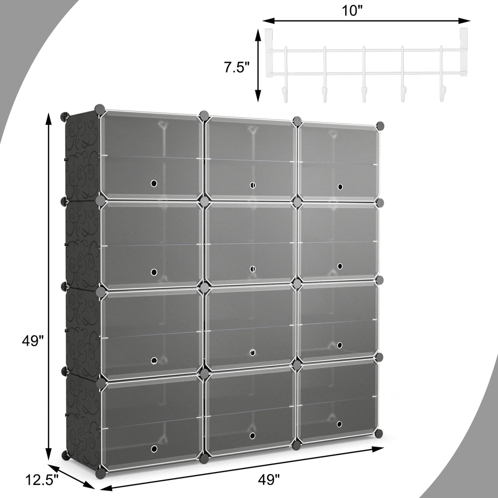 12-cube portable shoe shelf in black, storing 48 pairs with 5 hooks, ideal for entryway or bedroom organization.