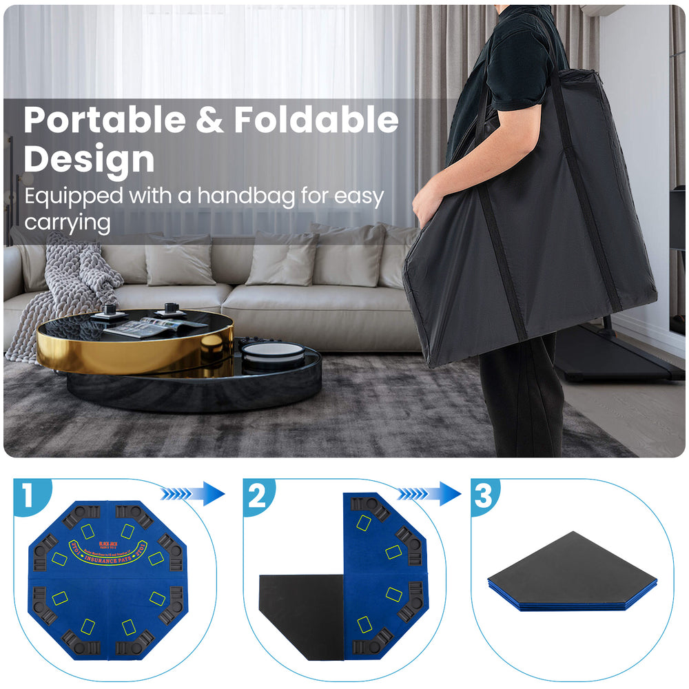 Foldable 48" poker table top in blue with carrying bag, cup holders, and card placement areas for 8 players.