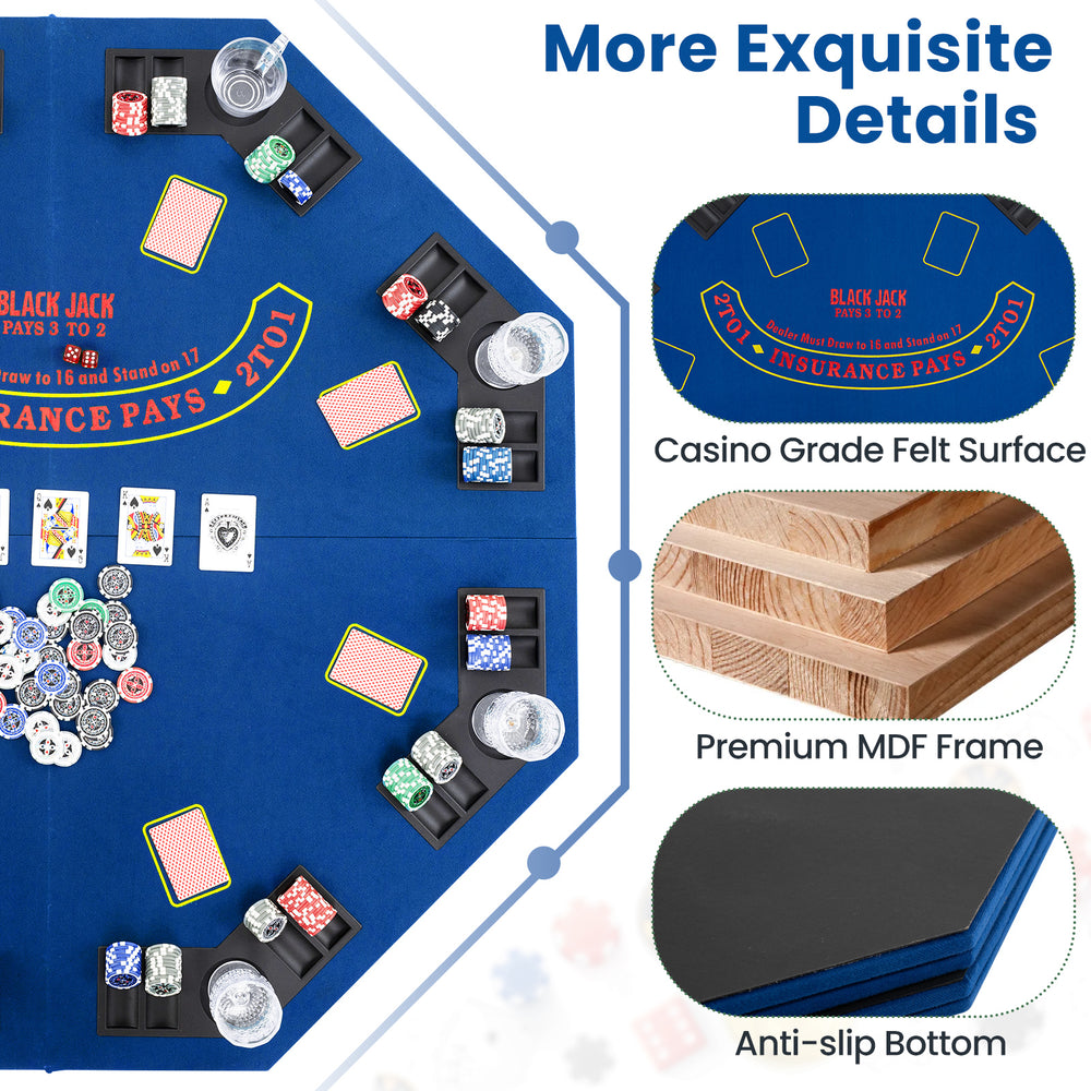 Blue 48-inch foldable poker table top with cup holders, designed for 8 players, featuring a casino-grade felt surface.