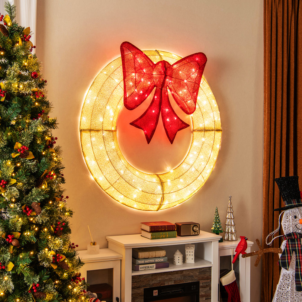 48 Inch Pre-Lit Lighted Christmas Mesh Wreath with Large Bow and 200 LED Bulbs - Gallery View 1 of 10