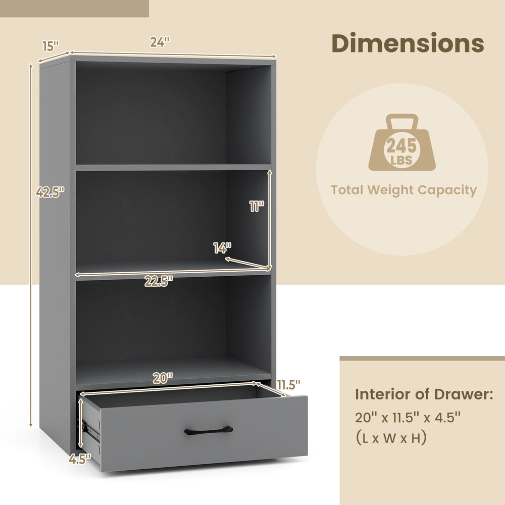 Gray 48-inch tall wood bookcase with 4 tiers and drawer, featuring smooth slides and sturdy anti-tipping design for.