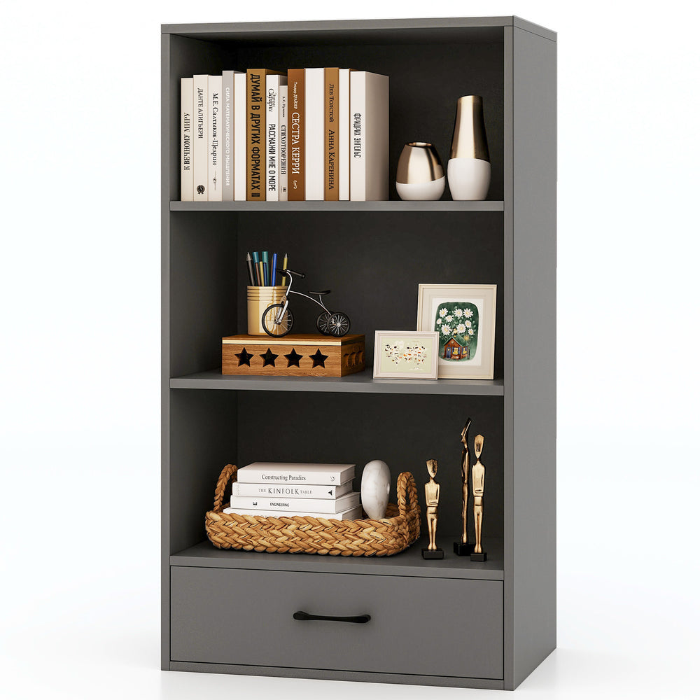 Gray 48-inch tall 4-tier wood bookcase with drawer, featuring open shelves and decorative items for stylish storage.