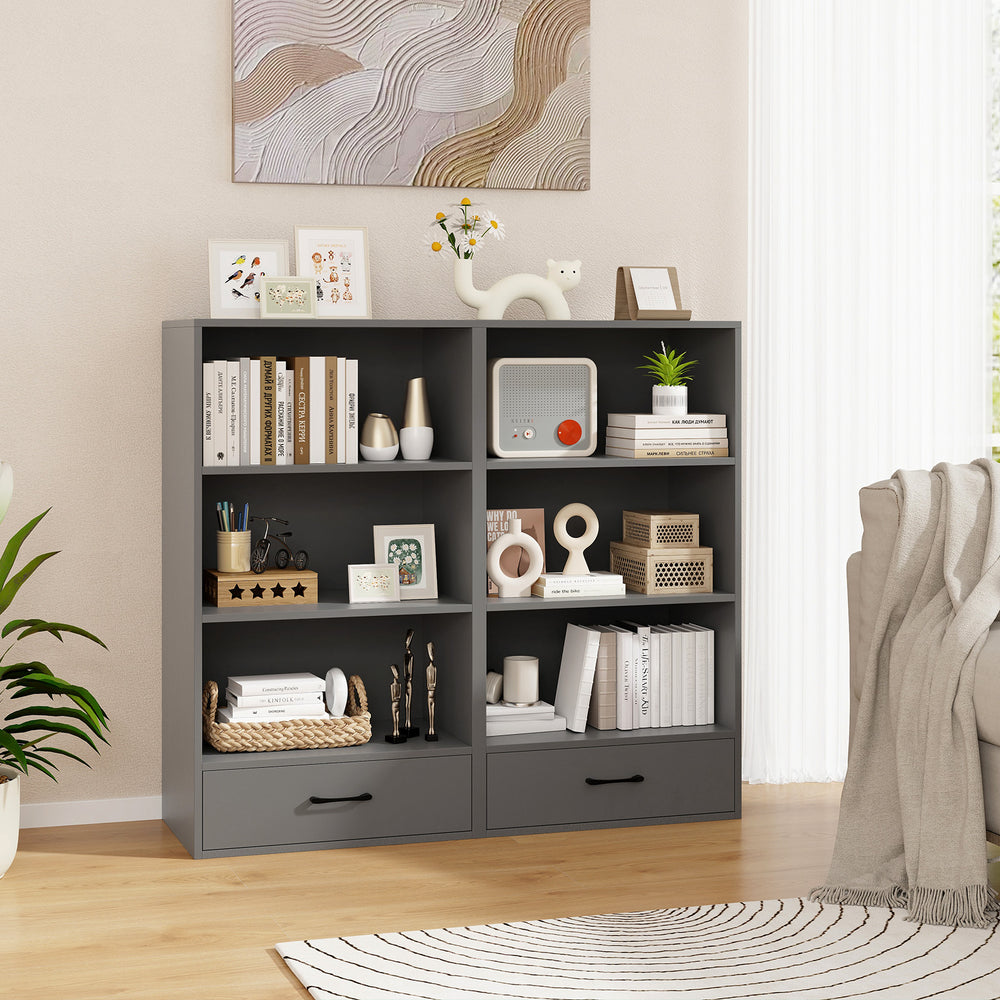 Gray 48-inch tall wood bookcase with four tiers and two drawers, ideal for bedroom or living room storage.