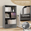 Gray 48-inch tall wood bookcase with a storage drawer, showcasing premium metal slides for smooth and quiet operation.