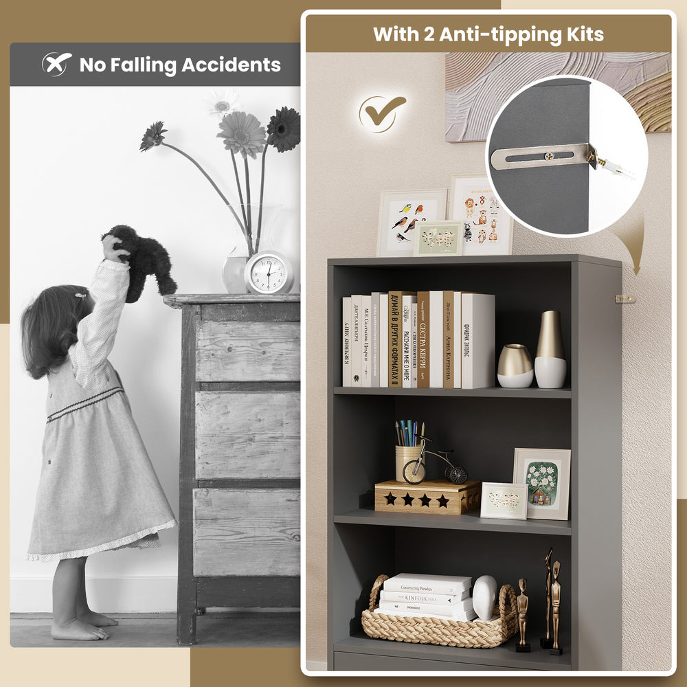 48-inch tall gray wood bookcase with 4 tiers and drawer, featuring anti-tipping kits for safety and stability.