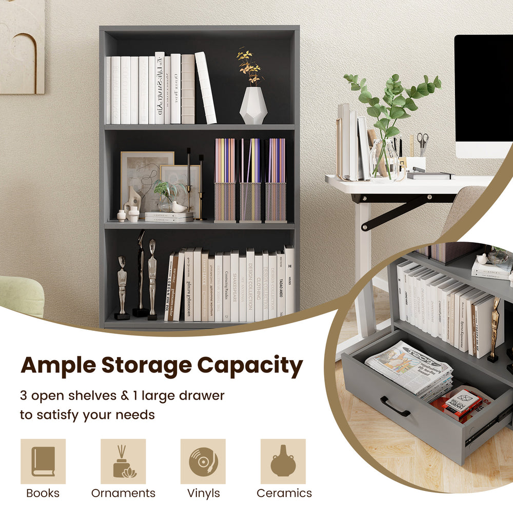 Gray 48-inch tall wood bookcase with 3 open shelves and 1 large drawer, ideal for storing books and ornaments.