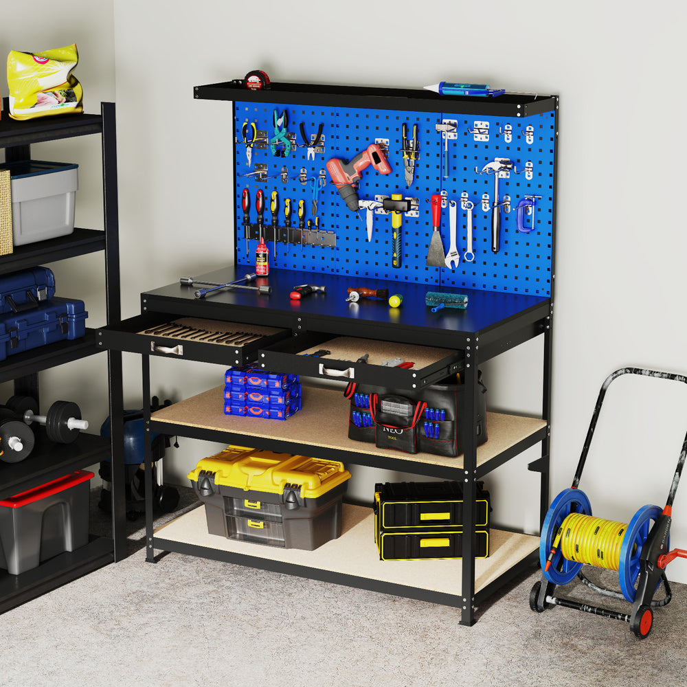 Heavy-duty 48 x 24 inch workbench with navy pegboards, drawers, and shelves for garage or workshop organization.