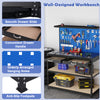 Workbench with navy finish, featuring 3 pegboards, 2 drawers, and anti-slip footpads for garage or workshop use.