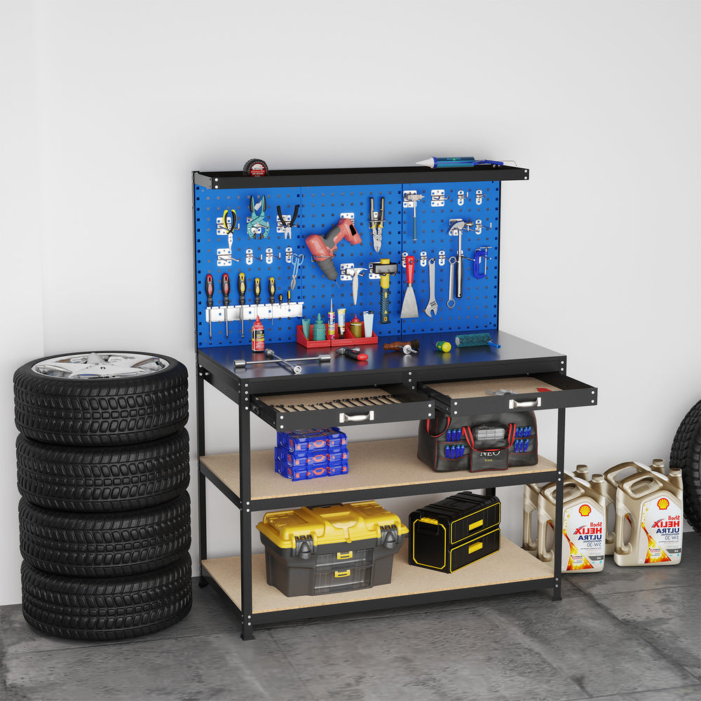 Workbench with navy finish, featuring pegboards, drawers, and shelves for garage or workshop organization.