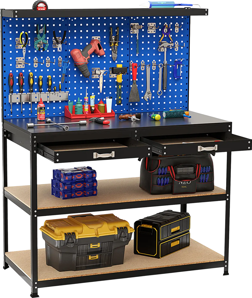 Workbench with heavy-duty metal frame, 3 pegboards, 2 drawers, and shelves for garage or workshop organization.