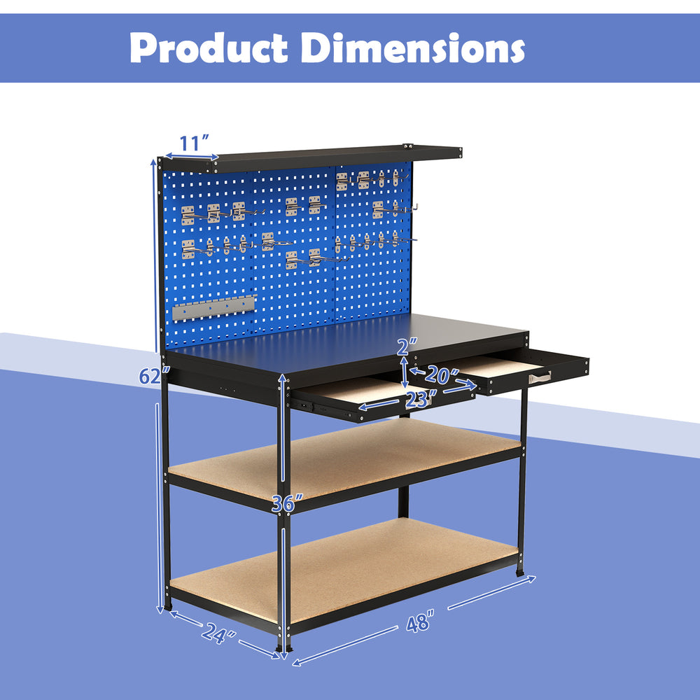 Workbench dimensions showing a 48 x 24 inch table with pegboards, drawers, and shelves for garage or workshop use.