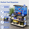 Workbench with navy finish, featuring 3 pegboards, 2 drawers, and heavy-duty metal frame for garage or workshop use.