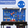 Workbench with navy pegboard, tools, and 3 storage drawers, perfect for garage or workshop organization.