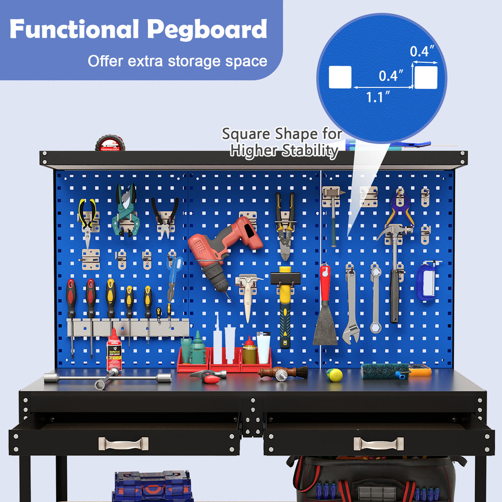 Workbench with navy pegboard, tools, and 3 storage drawers, perfect for garage or workshop organization.