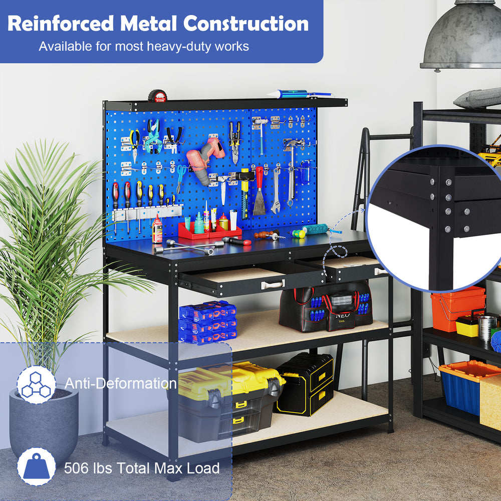 Heavy-duty 48 x 24 inch workbench with navy finish, featuring pegboards, drawers, and shelves for versatile storage.