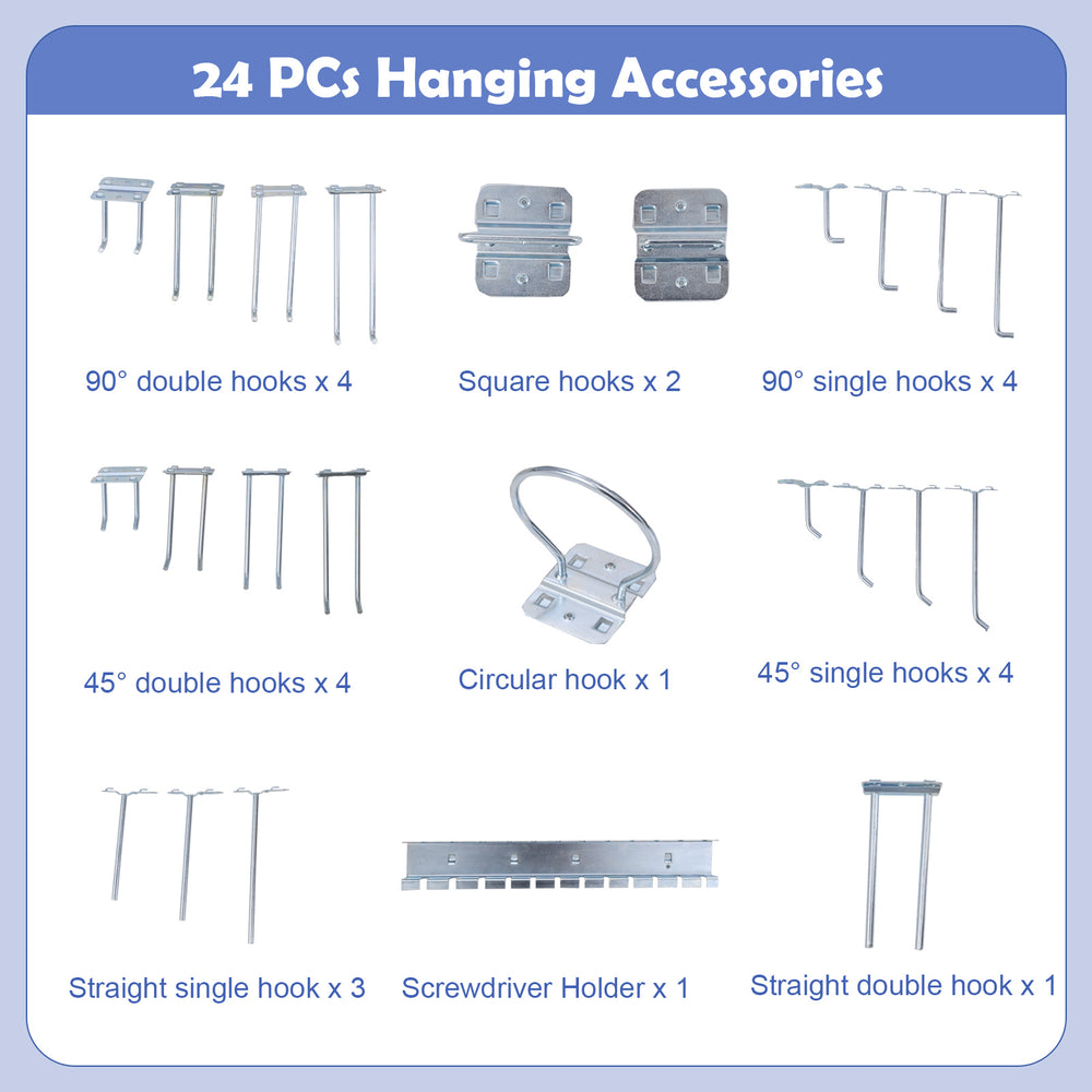 Hanging accessories set including 23 hooks and a screwdriver holder for versatile storage solutions on pegboards.