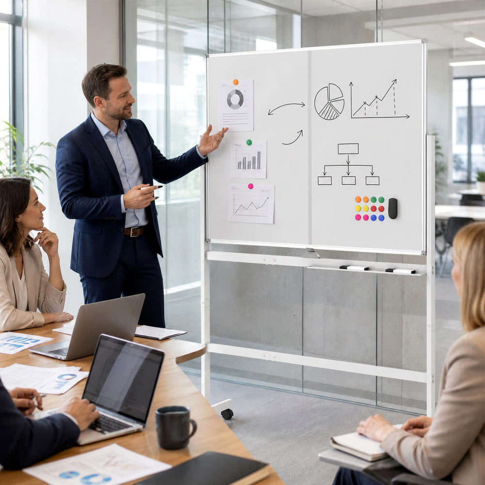 48" x 36" Double-Sided Mobile White Board with Lockable Universal Wheels for Office-White - Gallery View 1 of 11