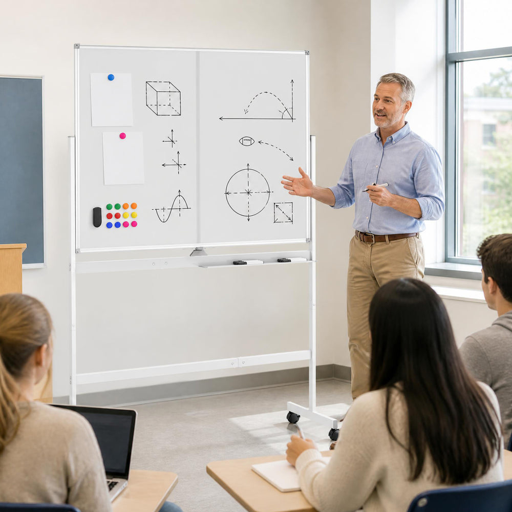 Double-sided mobile whiteboard with lockable wheels, ideal for presentations and classes, featuring a durable aluminum frame.