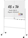 Double-sided 48" x 36" mobile whiteboard with lockable wheels, ideal for meetings and presentations in any office setting.