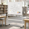 Mobile double-sided whiteboard with lockable wheels, ideal for presentations and meetings in office settings.