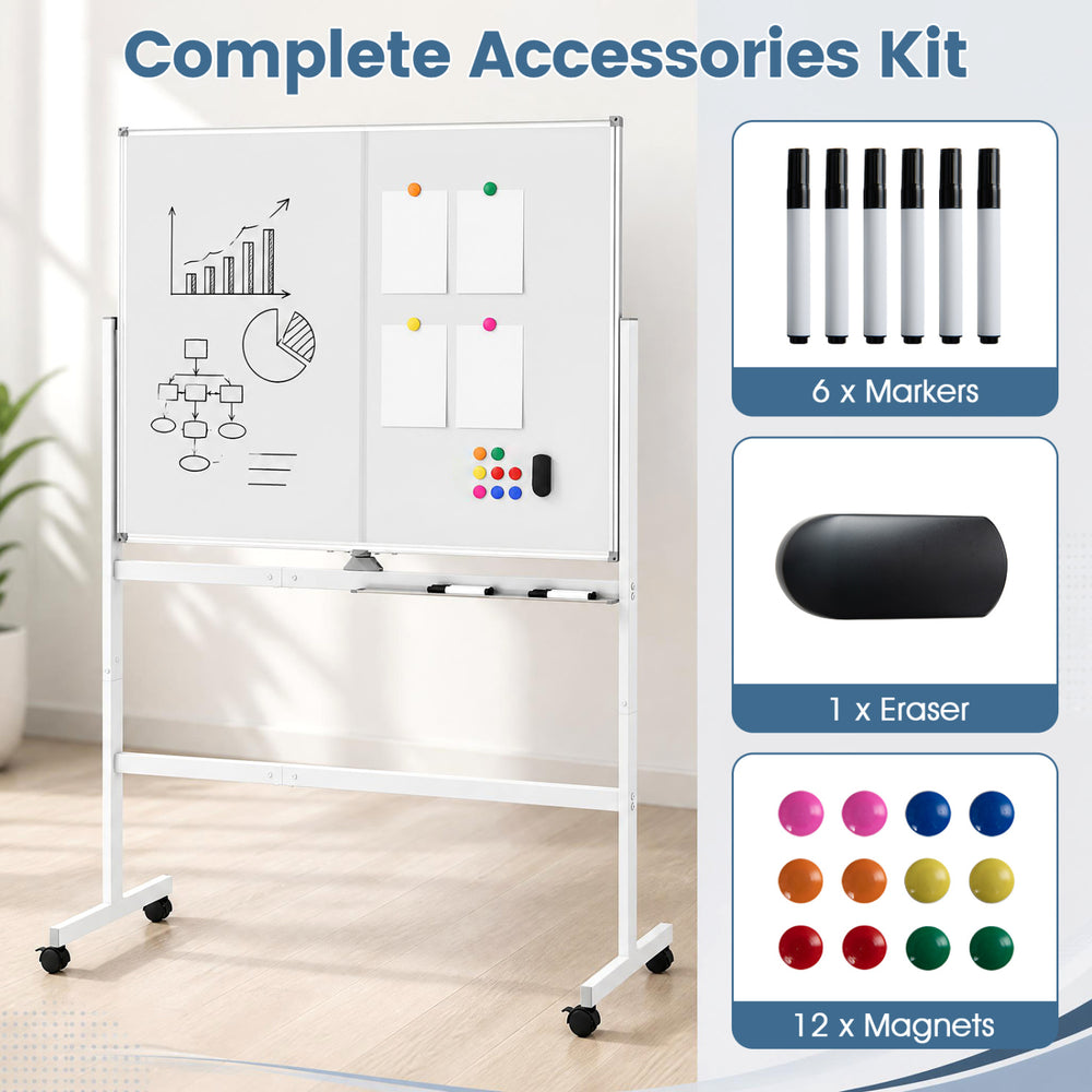 Double-sided 48" x 36" mobile whiteboard with lockable wheels, includes 6 markers, 1 eraser, and 12 magnets for convenience.