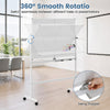 Double-sided mobile whiteboard with 360° rotation, lockable wheels, and included markers for versatile office use.