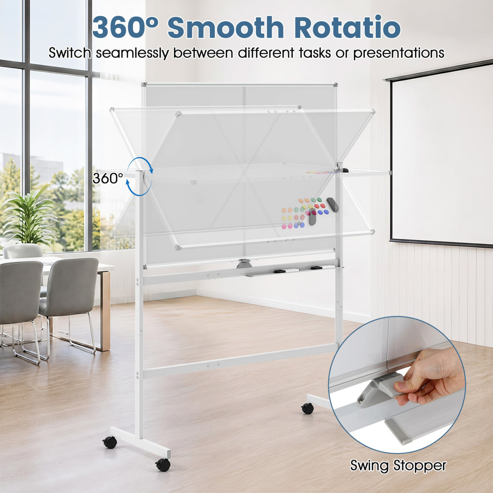 Double-sided mobile whiteboard with 360° rotation, lockable wheels, and included markers for versatile office use.