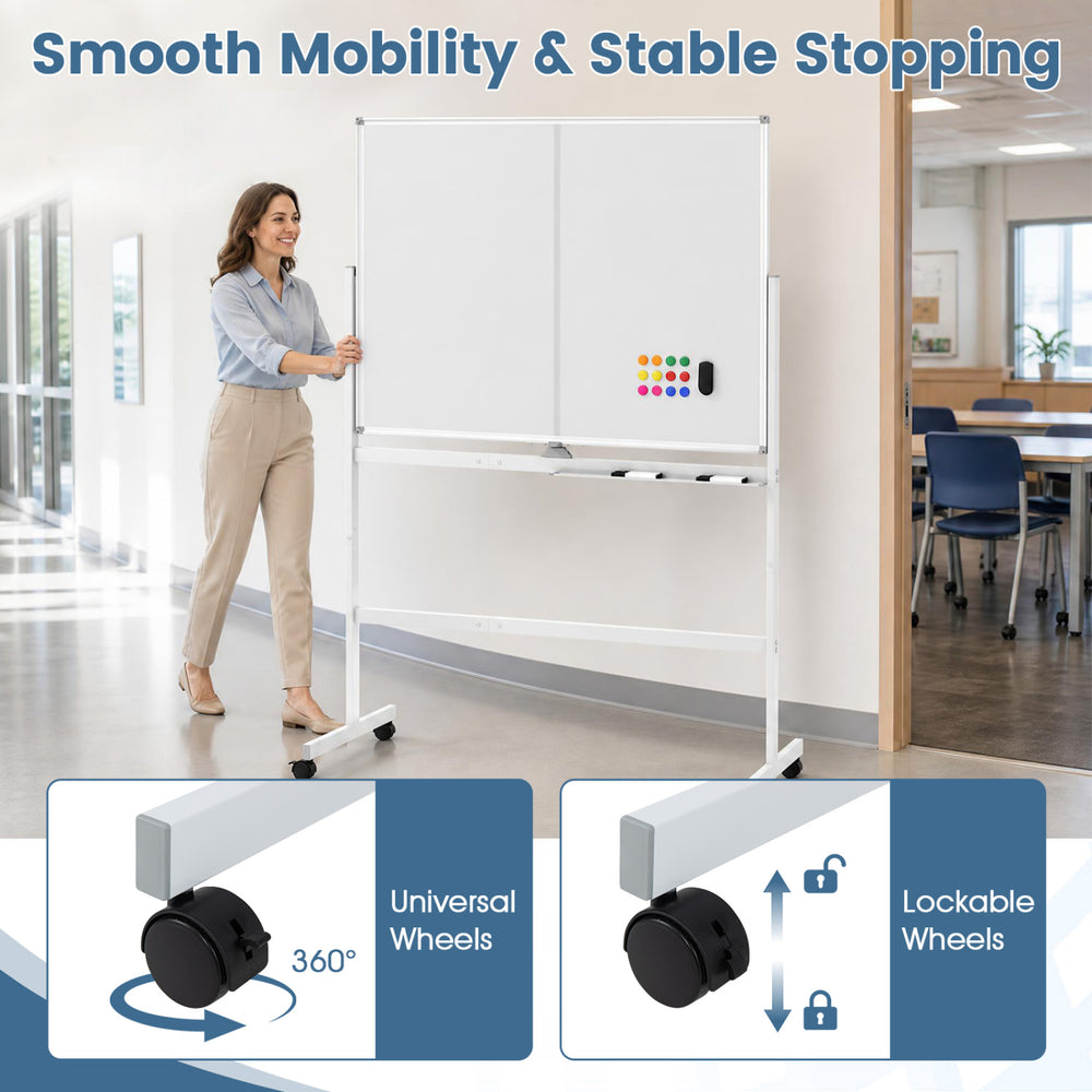 Double-sided 48" x 36" mobile whiteboard with lockable wheels, ideal for presentations and meetings, featuring a durable aluminum frame.