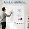 Double-sided mobile whiteboard with lockable wheels, durable baked metal surface, ideal for meetings and presentations.