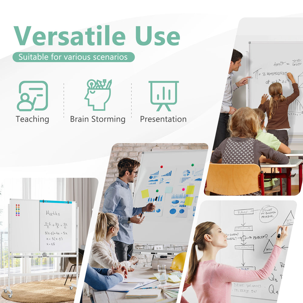 Close-up of the rolling double-sided whiteboard's magnetic surface, 48"x36", designed for easy writing and cleaning.