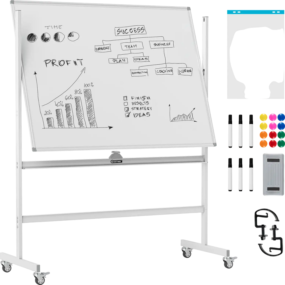 Rolling double-sided whiteboard, 48 x 36 inches, with magnetic surface and adjustable height for teaching and.