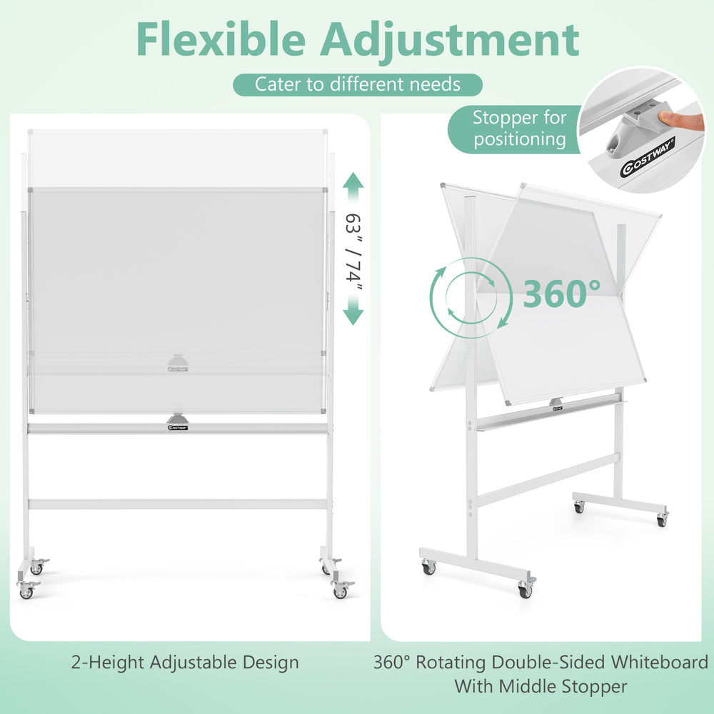 Rolling double-sided whiteboard, 48"x36", adjustable height 63"-74", with magnetic surface and lockable wheels for easy.