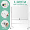 Rolling double-sided whiteboard with a 48" x 36" magnetic surface, adjustable height, and easy mobility for.