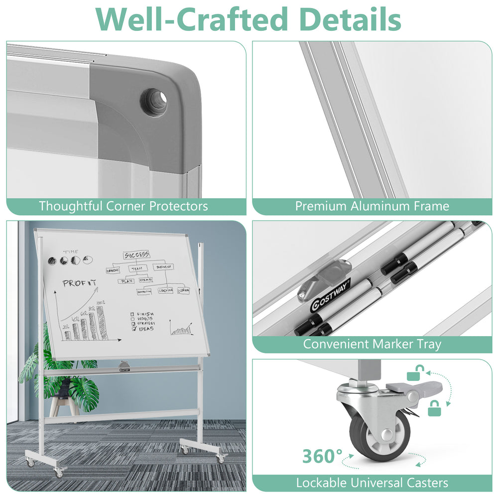 Rolling double-sided whiteboard with magnetic surface, 48"x36", adjustable height, and lockable casters for easy.