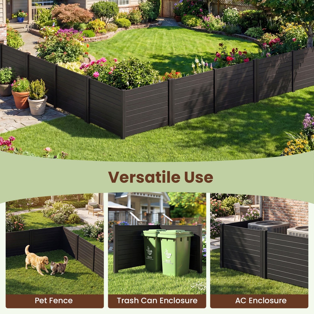 Black 48 x 38 inch air conditioner fence with three panels, suitable for pet, trash can, or AC enclosure in backyard.
