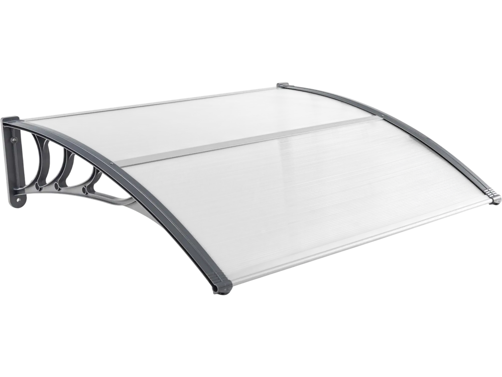 Curved gray outdoor door awning made of thick PC sheet and aluminum bars, ideal for porch or patio protection.