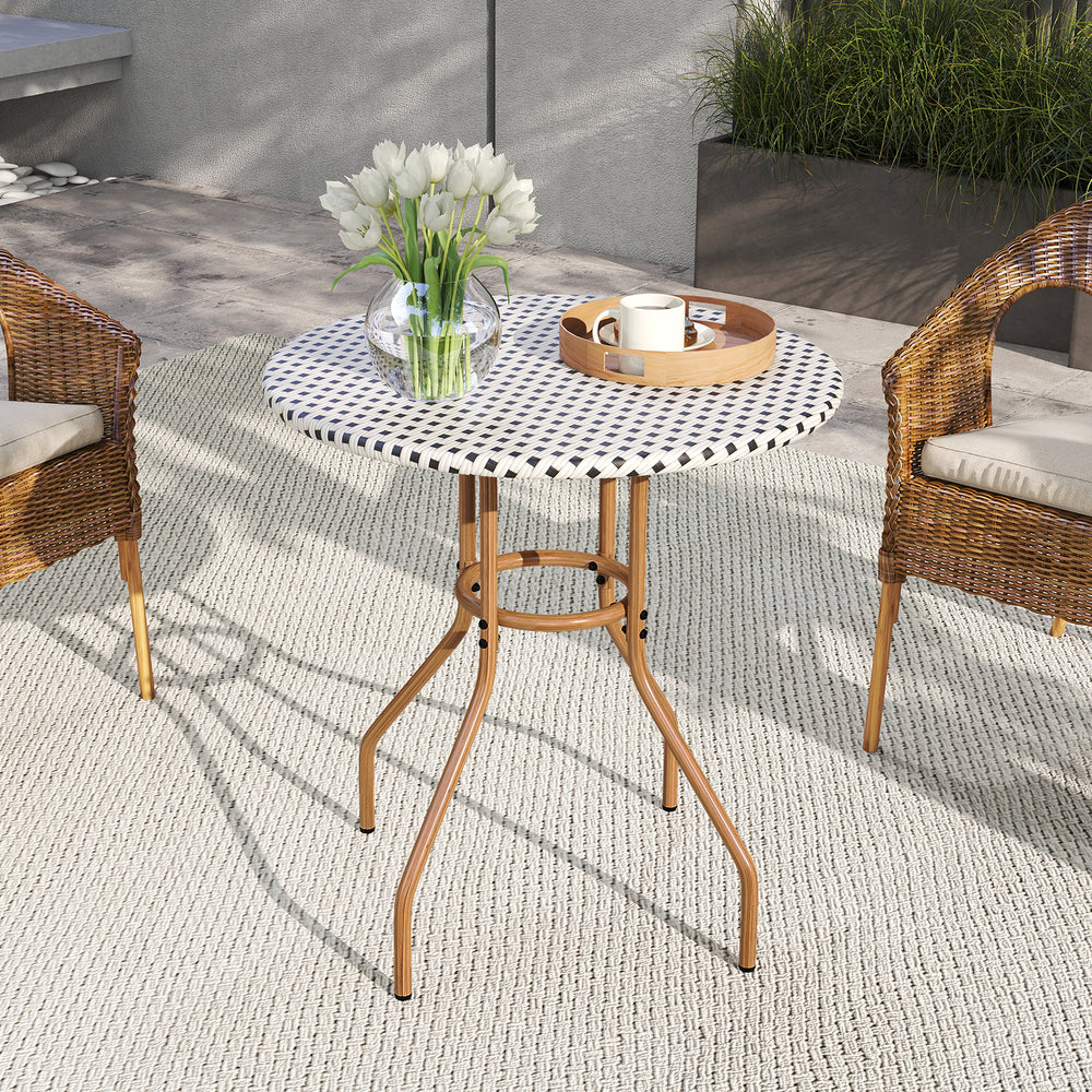 27.5-inch outdoor bistro table with a durable metal frame and adjustable foot pads, perfect for patio or garden use.