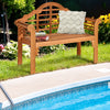 Eucalyptus wood outdoor folding bench with backrest and armrest, perfect for garden or patio seating for two.
