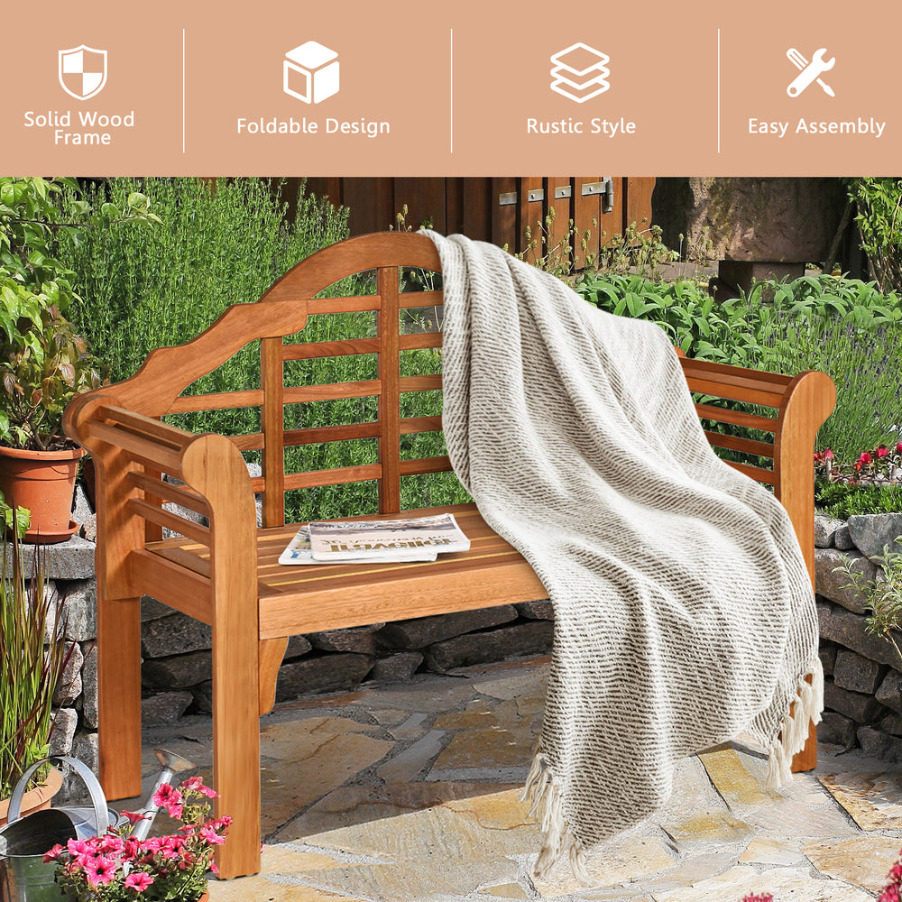 Eucalyptus wood outdoor folding bench with backrest and armrest, perfect for patio or garden seating.