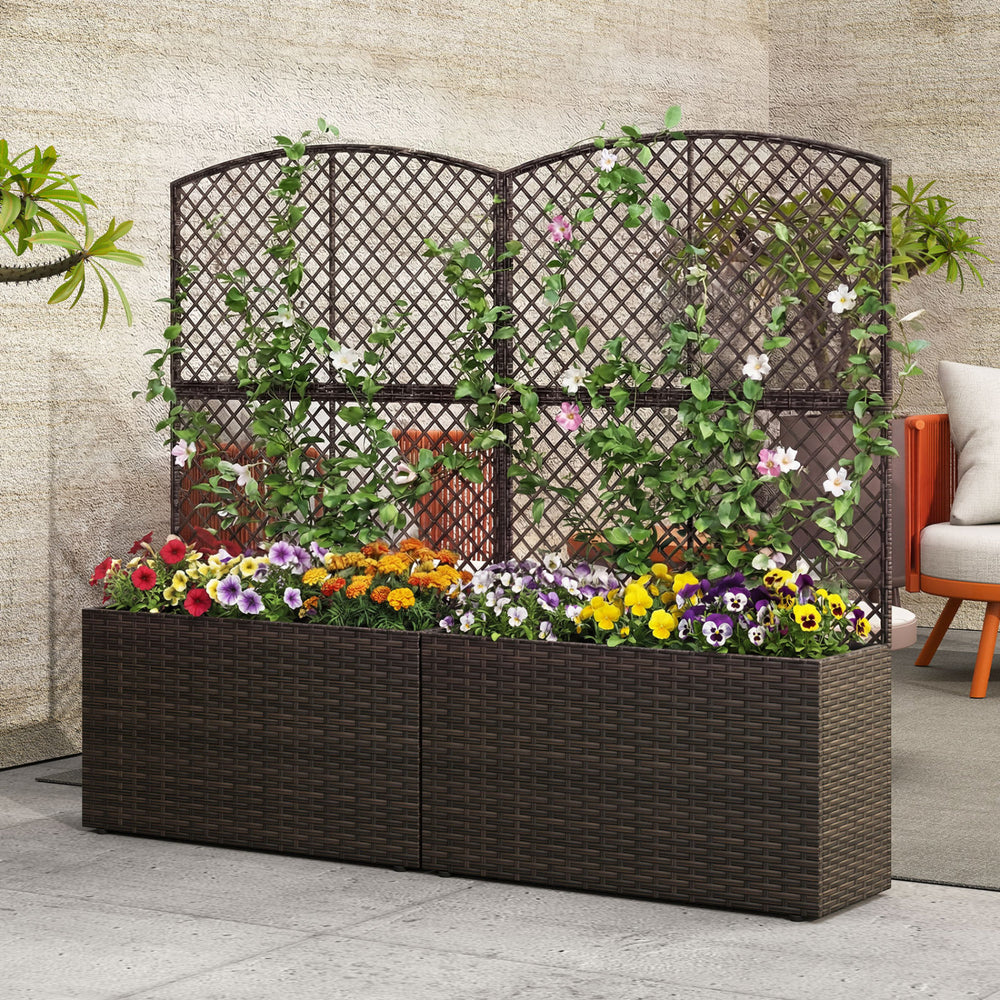 Raised garden bed with trellis and wicker planter box in brown, ideal for flowers and climbing plants, enhancing.