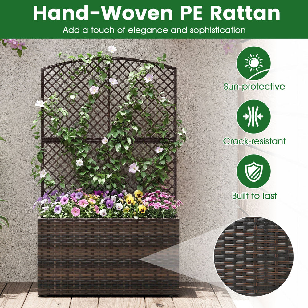 49-inch raised garden bed with trellis, crafted from hand-woven PE rattan, ideal for vertical gardening and plant.