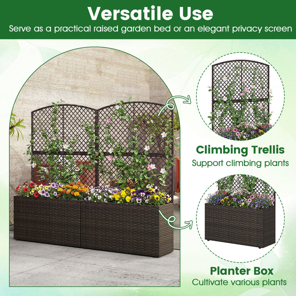 49-inch raised garden bed with trellis, made of brown PE rattan, ideal for climbing plants and outdoor privacy.